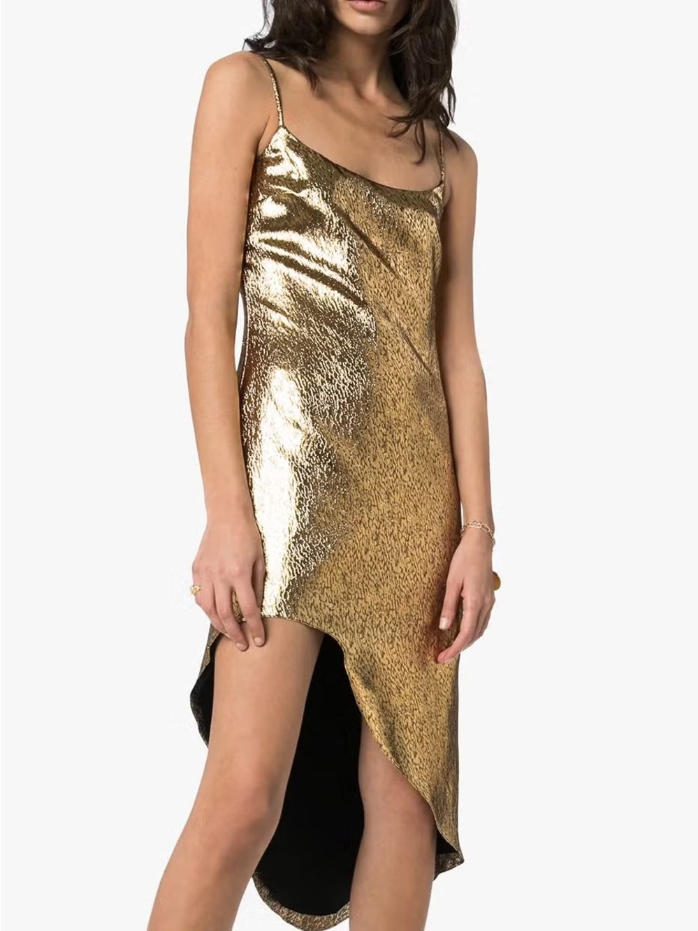 Halpern NEW gold metallic lamé asymmetrical hem slip dress NWT size 36/US 4